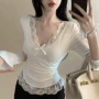v领长袖辣妹蕾丝t恤