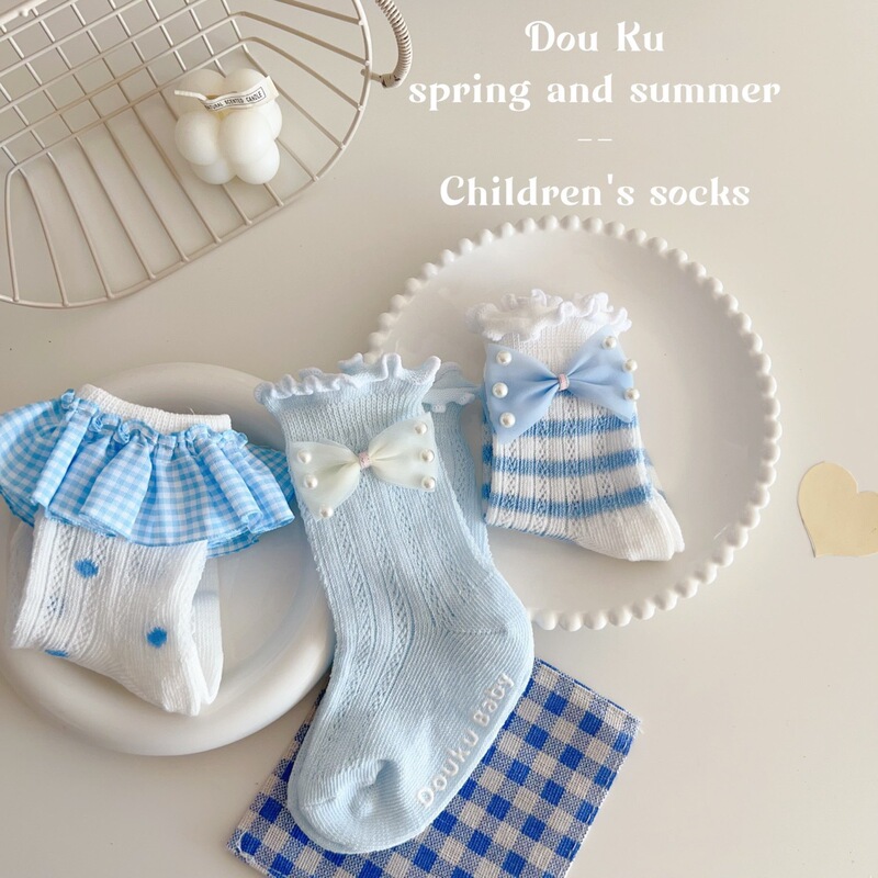 Duku 2025 Spring and Summer Mid-Calf Socks for Men and Women, Kidsren's Light Blue Bow Pearl Cotton Socks 2-12 Years Old C4010