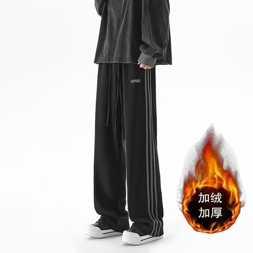Spring Autumn Men's Trendy Three-Bar Straight Leg Warm Fleece Casual Pants Youth Thick Warm Keeping Sports Sweatpants