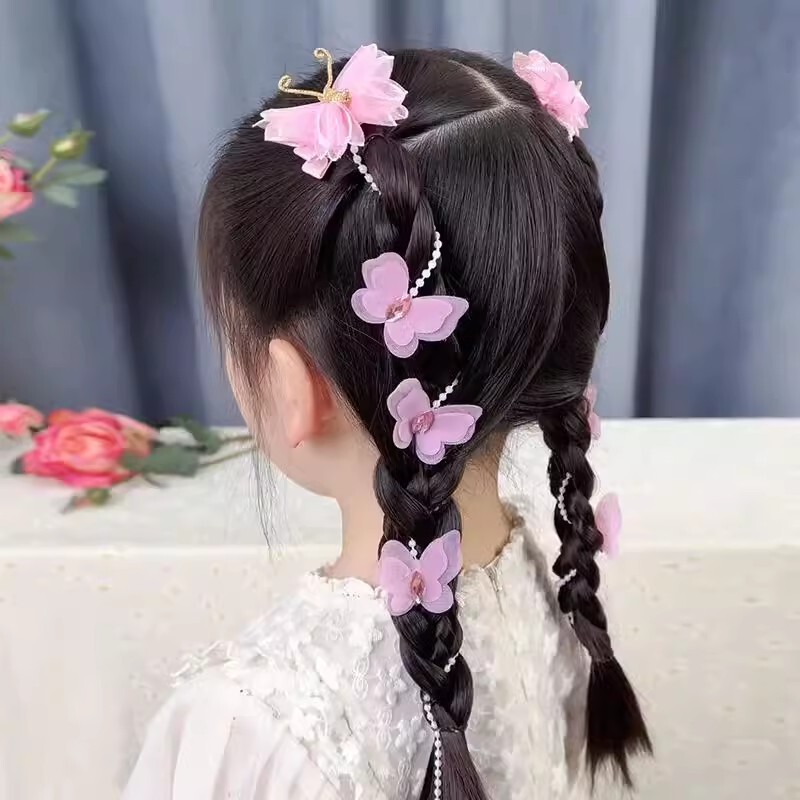 小さな女の子の新しいレトロな子供用バタフライクリップパールチェーン編み込みヘアピンプリンセス妖精ヘッドフラワーヘアバンドヘッドドレス|undefined
