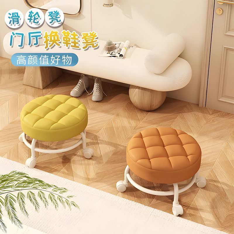 Swivel Small Stool for Home Use, Silent Caster Low Stool, Creative Wheeled Round Bench, Comfortable for Long Sitting, Movable Chair