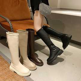 长筒靴女2022年秋冬新款大码不过膝高筒靴厚底小个子后拉链骑士靴