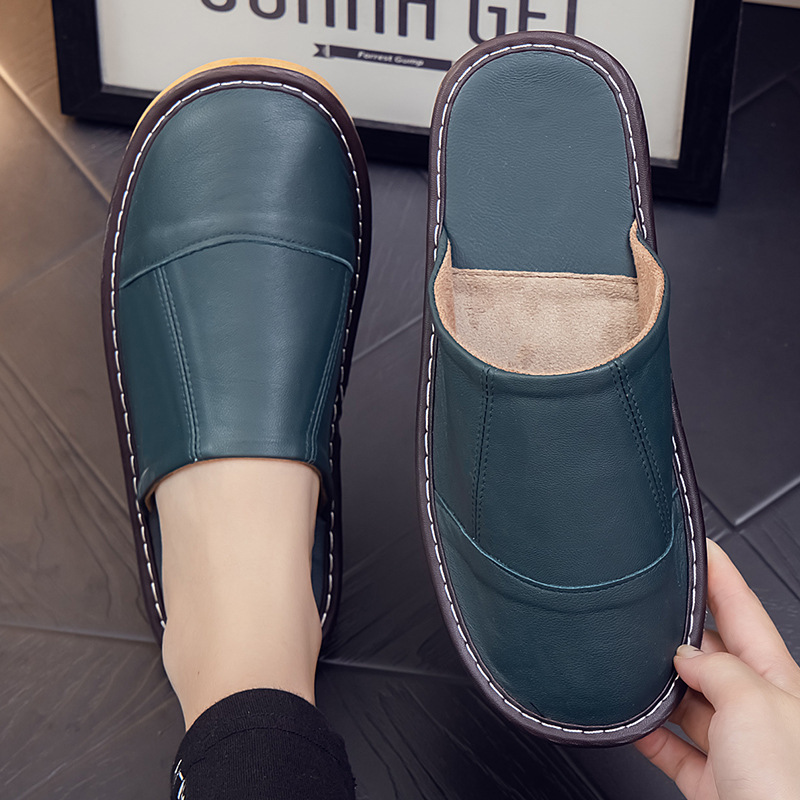Spring and Autumn closed toe non-stinky feet genuine leather home slippers for Women indoor household non-slip waterproof soft bottom sheepskin slippers for men