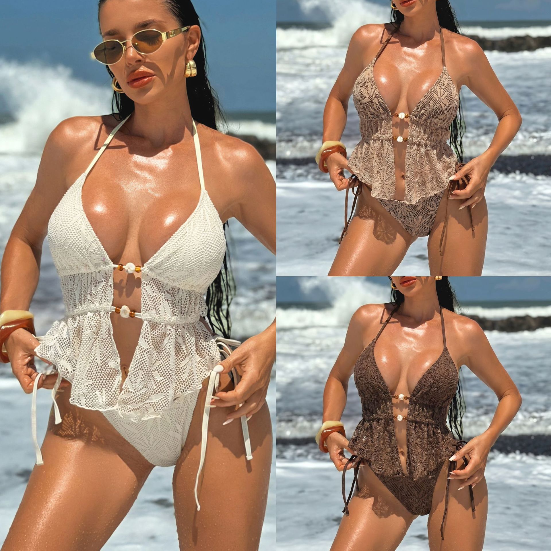 Women's Clothing Summer Halter Neck Crochet Bikini Women's Two Piece Swimsuit Style Tie Up Hollowed Out Quick-Dry Polyester, Modest Coverage_ecoleips.com