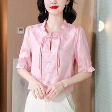 品牌杭州真丝衬衫女夏季新款时尚新中式国风气质妈妈装桑蚕丝上衣
