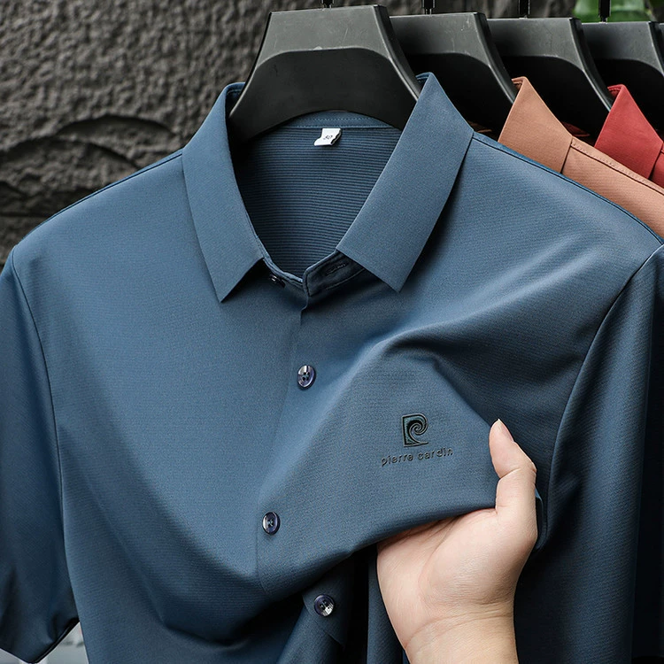 Мужская летняя рубашка 2025 года с вышивкой, короткий рукав, деловой стиль, однотонная, повседневная, с отложным воротником, дропшиппинг