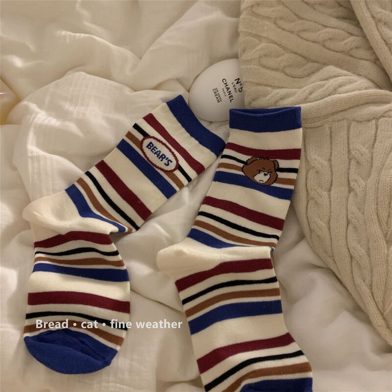 Girl's Mid-barreled Fashionable Socks Autumn and Winter Thickened Cute Cartoon Bear Korean-style Contrast Color Striped Vintage Literature and Art Institute