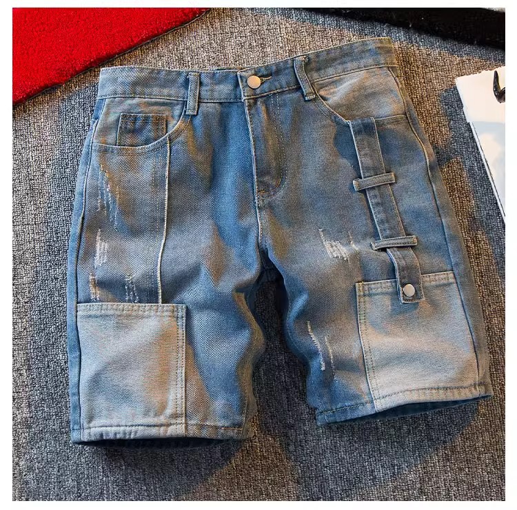 Men's Slim Fit Denim Shorts Casual European Style Summer Color Block Five Point Cargo Shorts_mkmklike.com
