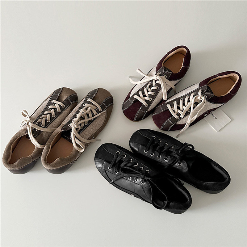 Sheepskin Version ~ Retro Color-Blocked Round-Toe Flats-Soled Moral Training Shoes, Versatile Lace-Up Forrest Gump Shoes, Women's Sneakers, Casual Sports Shoes