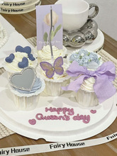 3WKF批发母亲节纸杯蛋糕装饰紫色系爱心镜子蛋糕插牌彩色丝带