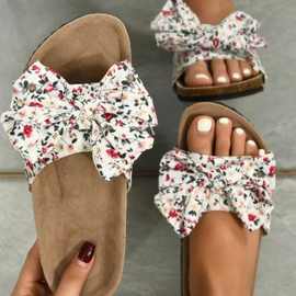 2023夏季新款拖鞋女平底碎花蝴蝶结一字大码休闲沙滩女鞋