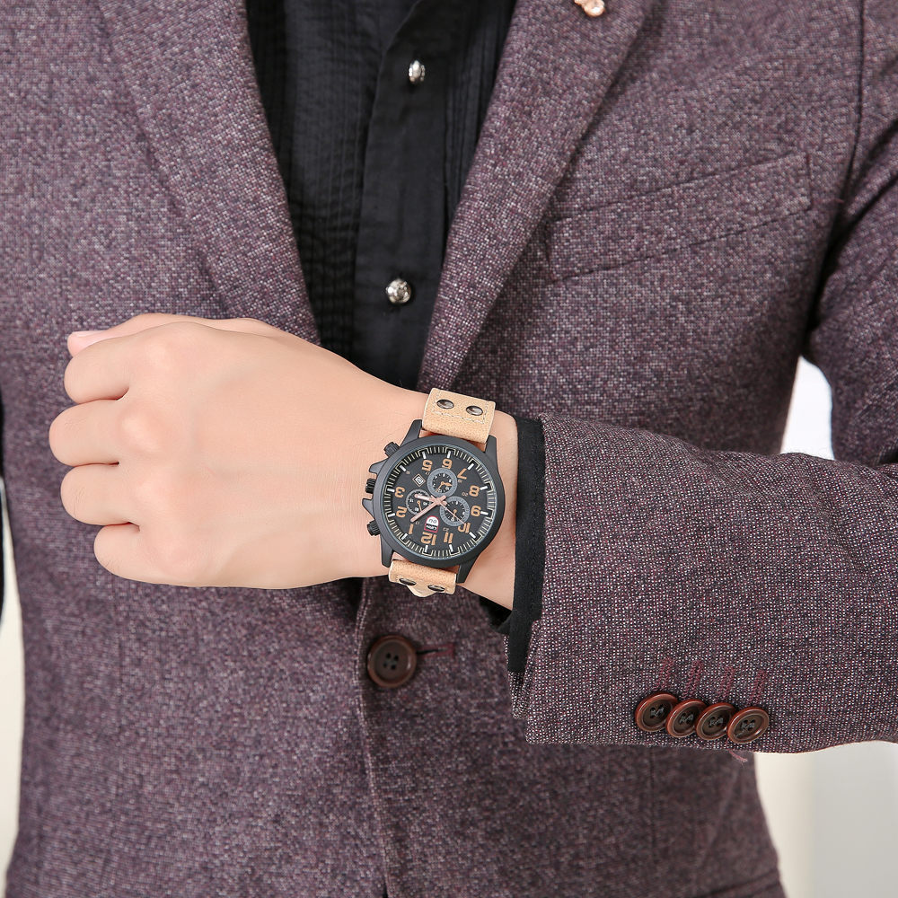 Men's Belt Quartz Watch Three Eyes Fashion Calendar Watch Double Nail PU Men's Watch Batch_voghion.com