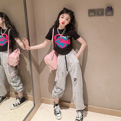 女童套裝夏裝2023新款韓版女大童短袖T桖洋氣破洞休閒褲兩件套潮