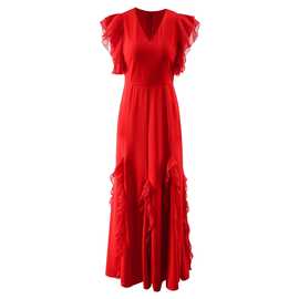 欧洲站2024年春夏季新款高级感红色礼服长裙优雅气质雪纺连衣裙女