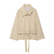 跨境外贸女装秋冬时尚新款欧美风格气质通勤纯色休闲翻领腰带风衣