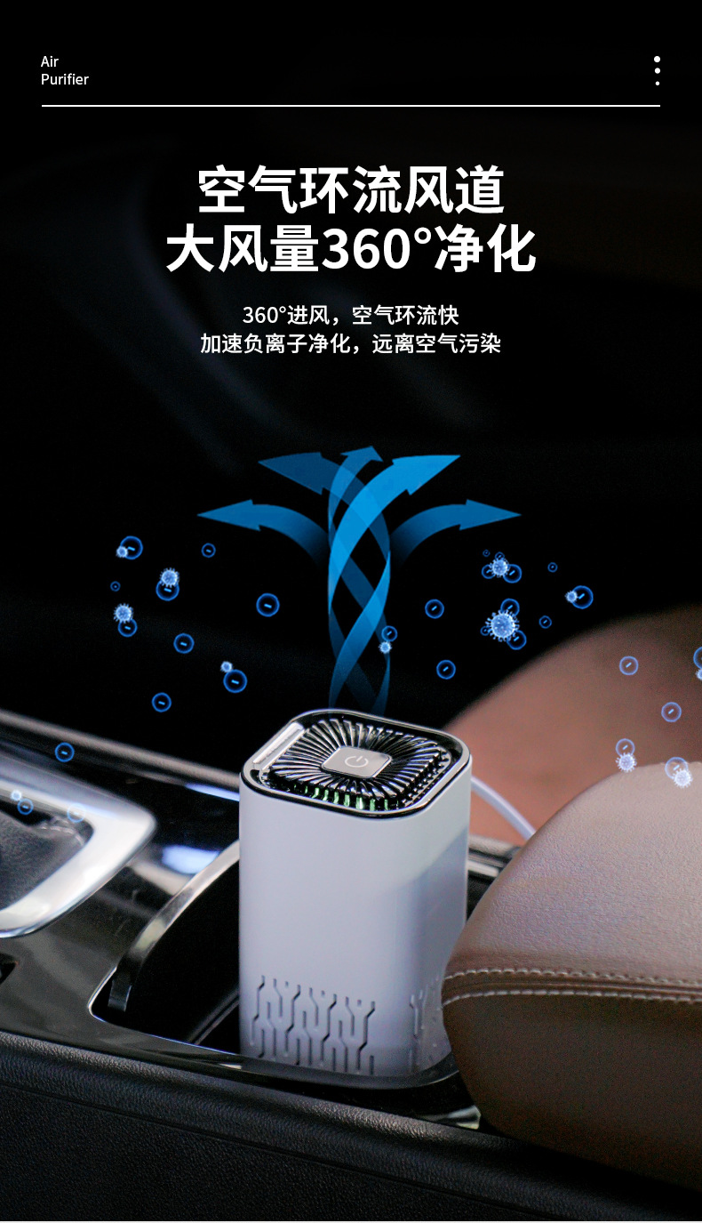 Cross-Border Popular Car Air Purifier with High Negative Ion Filtration, Silent Operation, Formaldehyde Removal, Ambient Lighting, Sterilization, and Odor Elimination