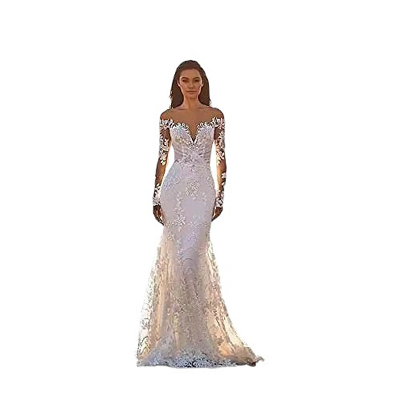 Amazon trailing vestido de novia sexy cintura fishtail 2024 primavera nuevo adelgazar fuera del hombro profundo V vestido de novia