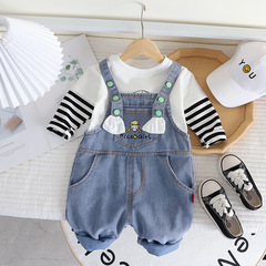 2023 Autumn New Girl's Casual Denim Overalls Two-Piece Set for Baby Girls with Round Neck and Split Sleeve Long-Sleeve Outfit Trendy