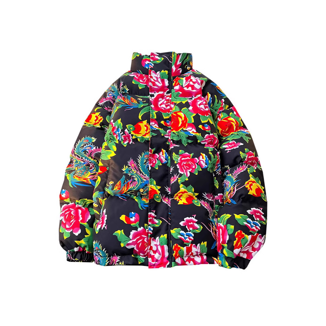 2025 Big Flower Cotton-padded Jacket Popular Student Couple Ethnic Style Characteristic Peony Big Flower Bread Clothes Men's Jacket_voghion.com