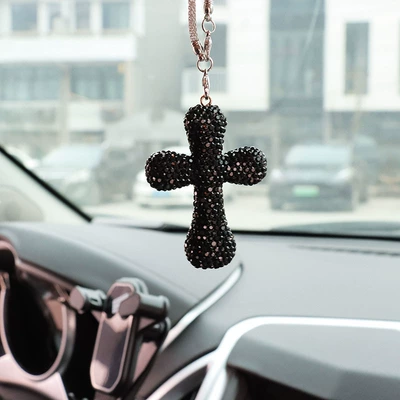 Cross-Border Hot Selling Internet Celebrity Clay Rhinestone Cross Car Men and Women Interior Pendant Pendant Car Interior Supplies (Car hanging) - black-fat-cross