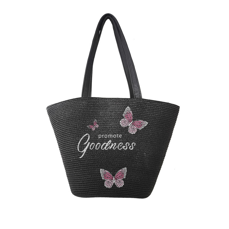 新款跨境现货黑色印花蝴蝶logo草编手提包 大容量时尚个性托特包