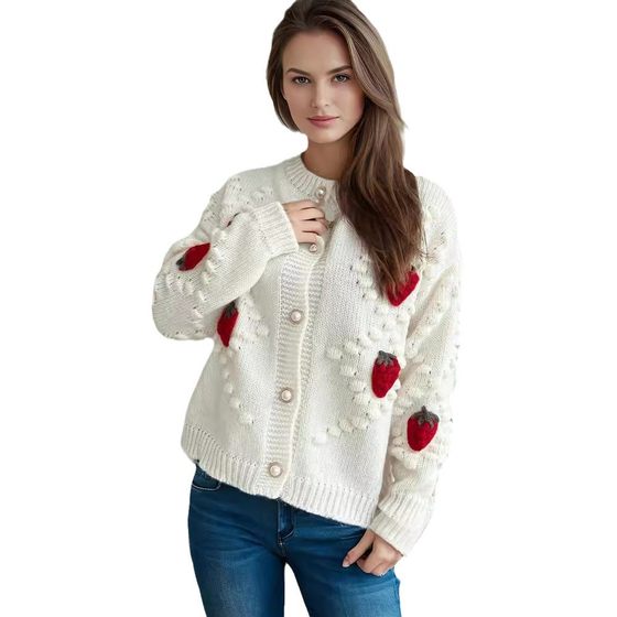 2024 Cross-border Amazon Autumn and Winter Gouhua Embroidered Stereo Strawberry Twist Pearl Buckle Knitted Sweater Cardigan Jacket