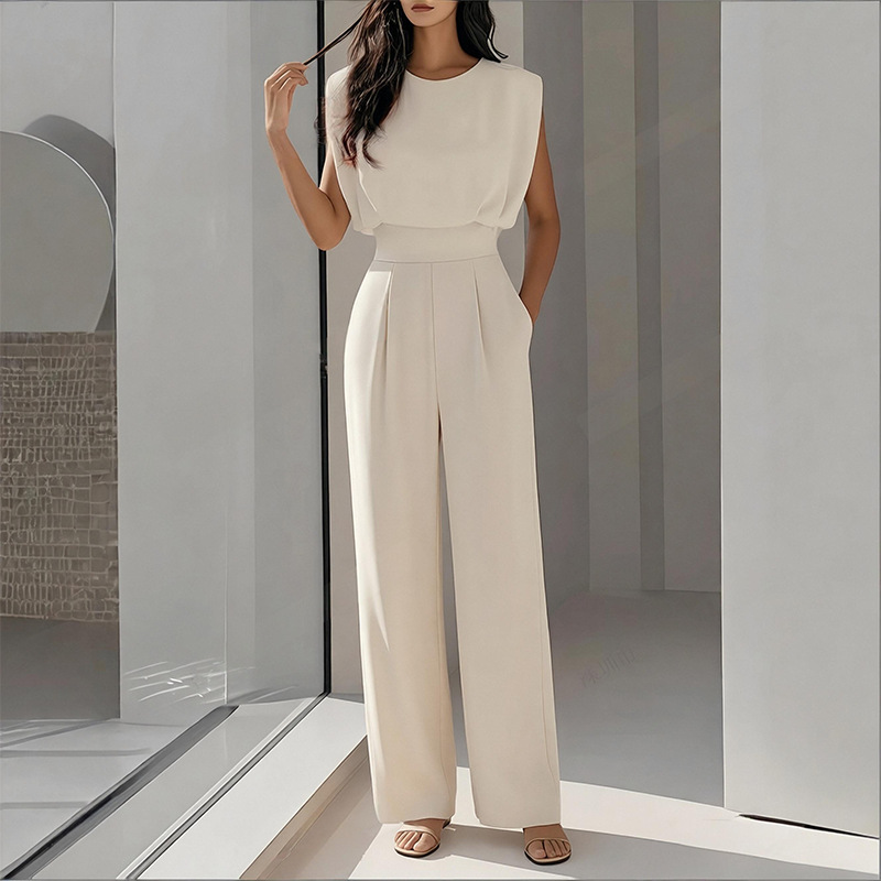2026 Spring New Women's Clothing, Fashion Casual Commuter Solid Color Crew Neck Pleated Jumpsuit_ecoleips.com