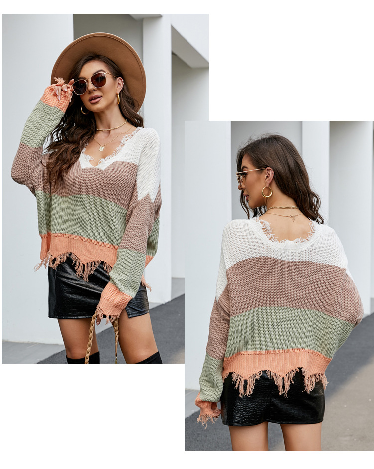 V-neck loose striped off-the-shoulder tassel pullover knit top nihaostyles clothing wholesale NSYH86774