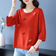 2025新款中年短袖T恤中袖上衣女夏季高档洋气妈妈装冰丝针织衫