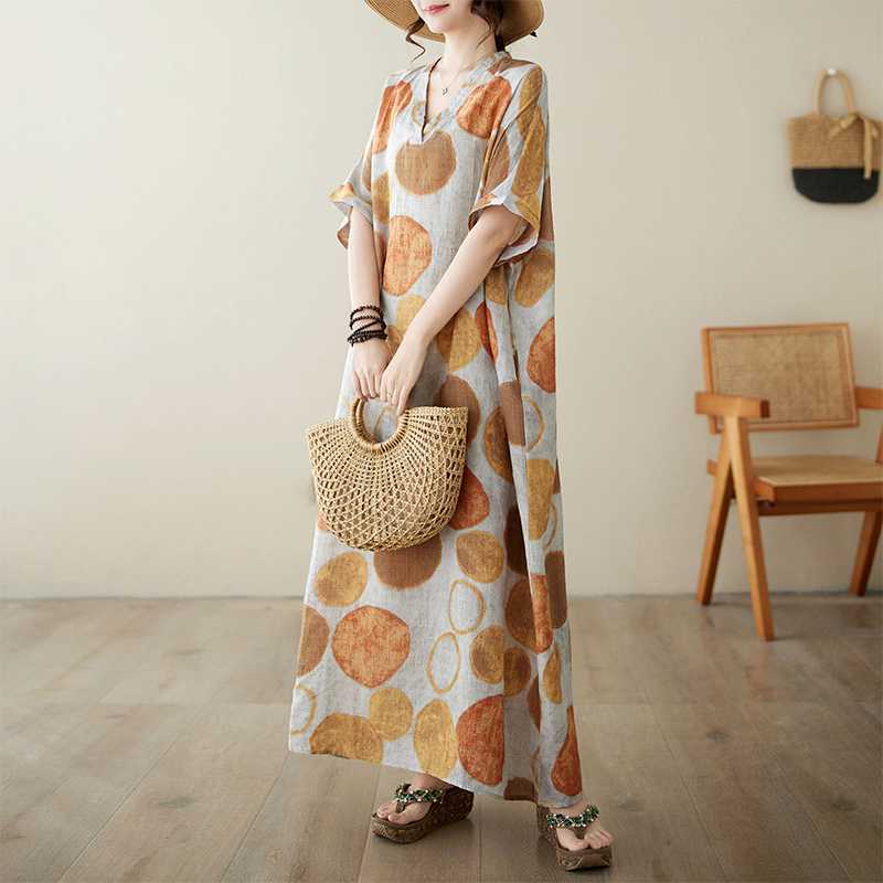 Real Shot 24 Summer V-neck Cotton Linen Large Size Loose Artistic Holiday Beach Dress Retro Meat-covered Long Robe for Women
