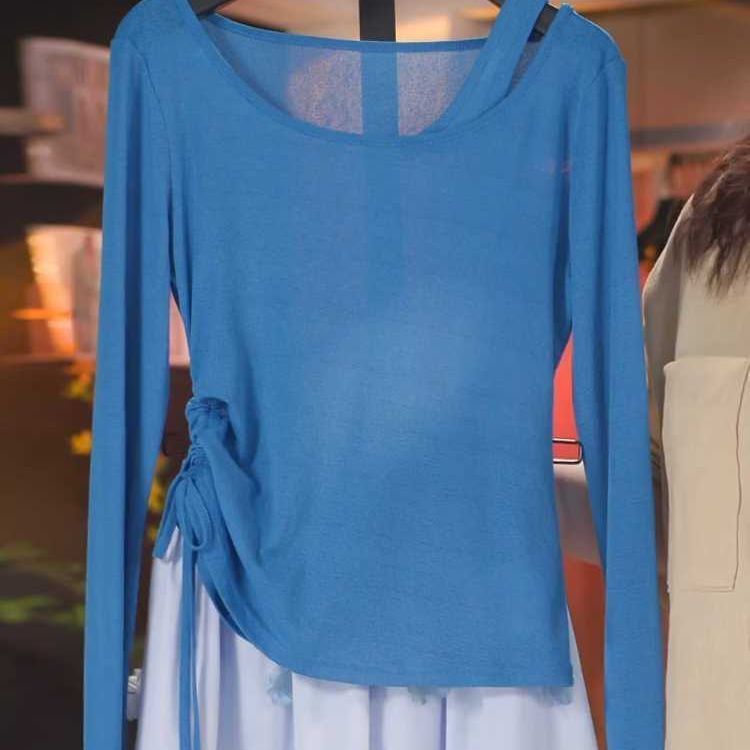 Summer Waist-Cinching Slimming Top 2026 Fake Two-Piece Plus-Size Drawstring Sun-Protective Cover-Up New Long-Sleeve T-Shirt for Women with Exposed Shoulders