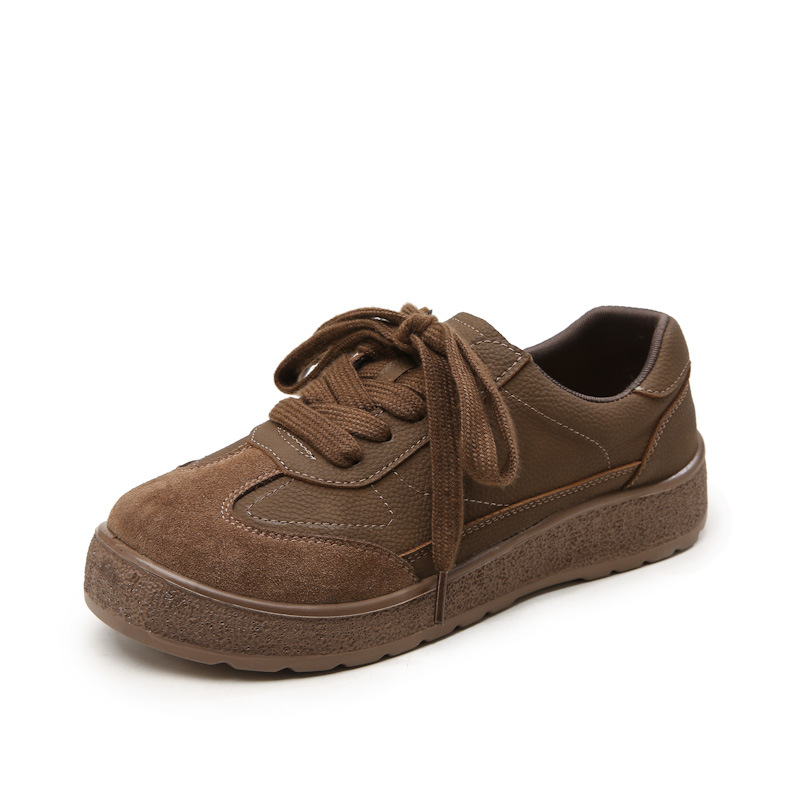 Damen Skaterschuhe Aus Echtleder Retro Braune Flache Sneakers_voghion.com
