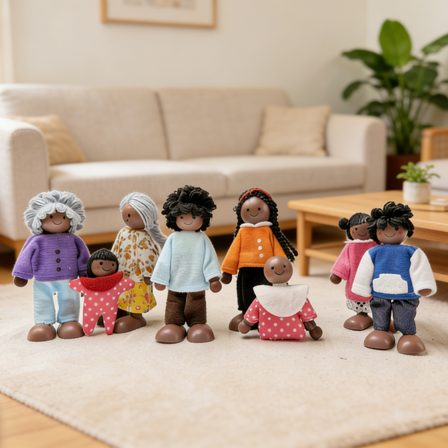 Children's Pretend Play Dolls, a Family of Eight Realistic Figures, Wooden Dolls with Movable Joints, African Black Dolls