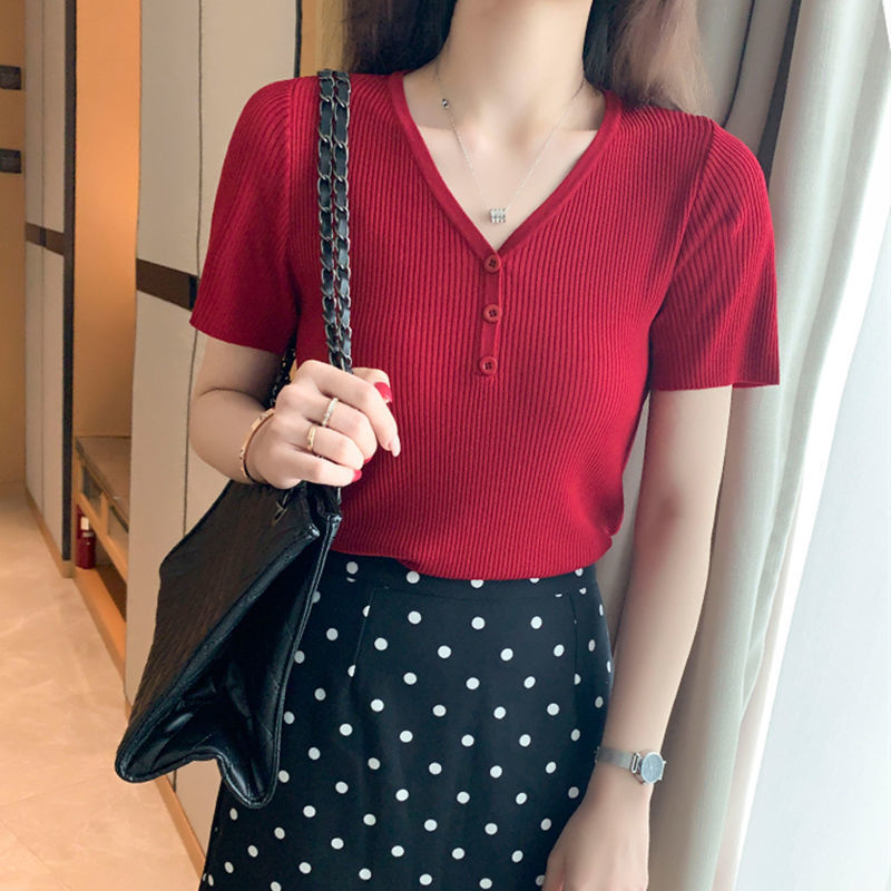 Summer New Korean Style Slim-fit Large Size V-neck Ice Silk Knit Sweater Women's Thin All-match Top Short-sleeved T-shirt Women's Base Shirt