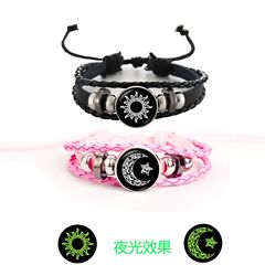 新品 日月恋人皮革手链复古朋克多层串珠编织饰品 情侣礼物情侣款