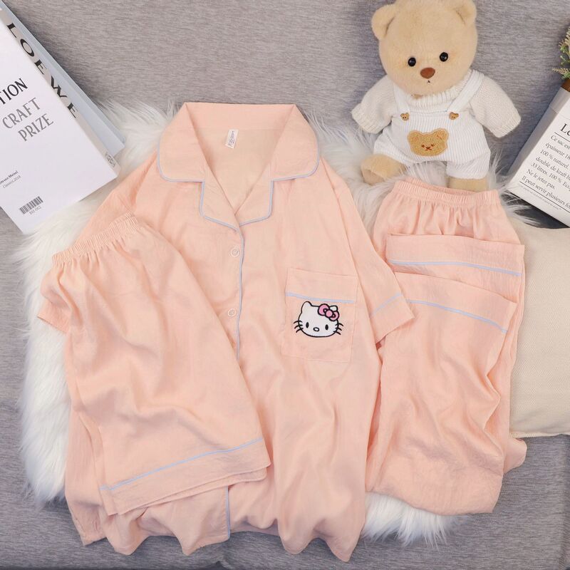 Three-Piece Set of Cloud Cotton New Cartoon Pajamas for Women, Sweet and Cute Short-Sleeved Shorts, Cardigan, Lapel, Home Wear Set
