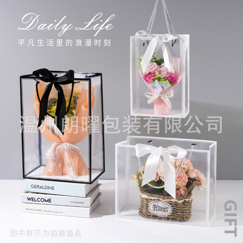 Bowknot Border Flower Tote Bag Transparent Window Gift Bag for Teacher's Day Holiday Bouquet Gift for Qixi Festival
