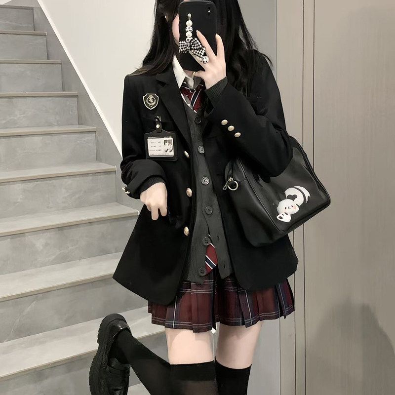 (Inner Lining + Whole Piece Ironed Flat + Shoulder Pads)***Jk Uniform Black Blazer Jacket for Women, College Style, Three-Button Suit
