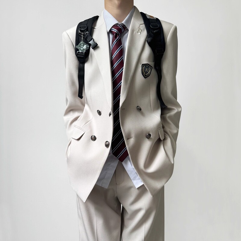 Dk Japanese-Style School Uniform-Inspired Off-White Suit for Men, Spring and Autumn Season, Youth Notch Lapel Double-Breasted Blazer Jacket Dk Japanese-Style School Uniform-Inspired Off-White Suit for Men, Spring and Autumn Season, Youth Notch Lapel Double-Breasted Blazer Jacket