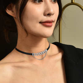秋冬新款项饰韩国风高质量皮绳颈链女古巴链镶嵌锆石气质网红颈圈