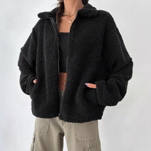 2025 Autumn/Winter Fashion Zipper Pocket Long Sleeve Women's Top Plush Jacket Amazon Elegant Zipper Drop