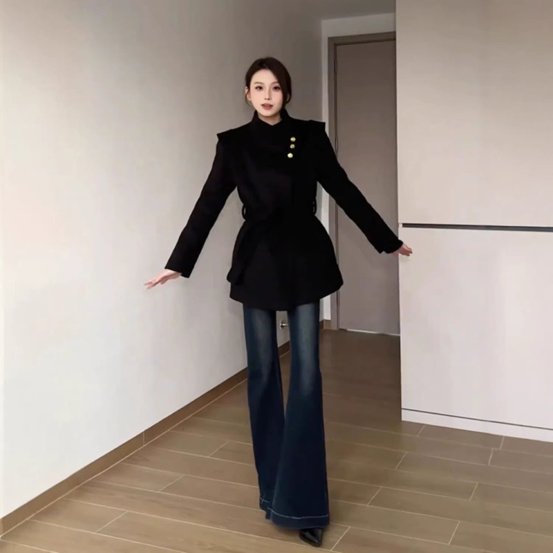 Tall 175cm Dark Blue Jeans for Women, Autumn and Winter, Fleece-Lined, Thickened, Mid-Low Waist, High Elasticity, Slight Flare, Floor-Length Pants