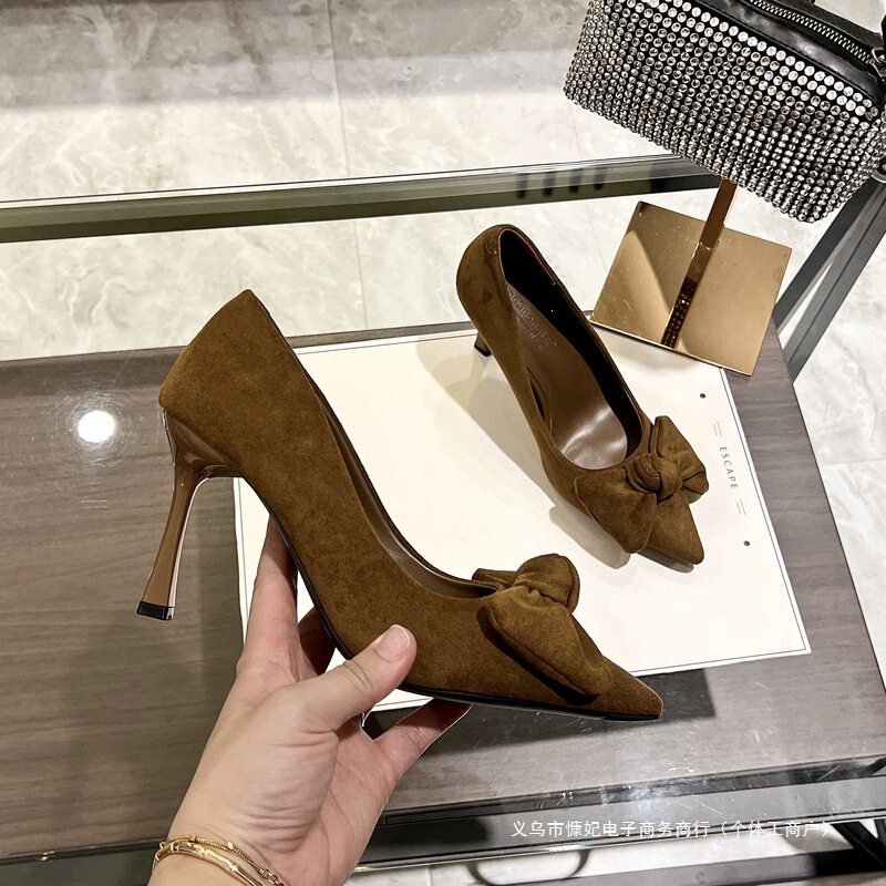 Pointed-toe suede bow high heels for women, 2026 spring/autumn new fashion versatile stiletto heels, commuter fashion flats Pointed-toe suede bow high heels for women, 2026 spring/autumn new fashion versatile stiletto heels, commuter fashion flats