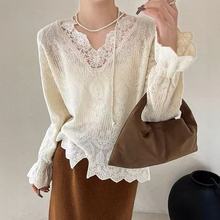 婉婉-推荐【云端之恋】轻法式-蕾丝雕花工艺花袖针织上衣女磨毛