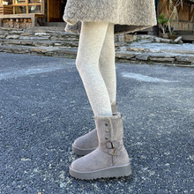 韩版厚底扣带灰色毛毛翻边雪地靴子女2025冬季新款高筒东北大棉鞋