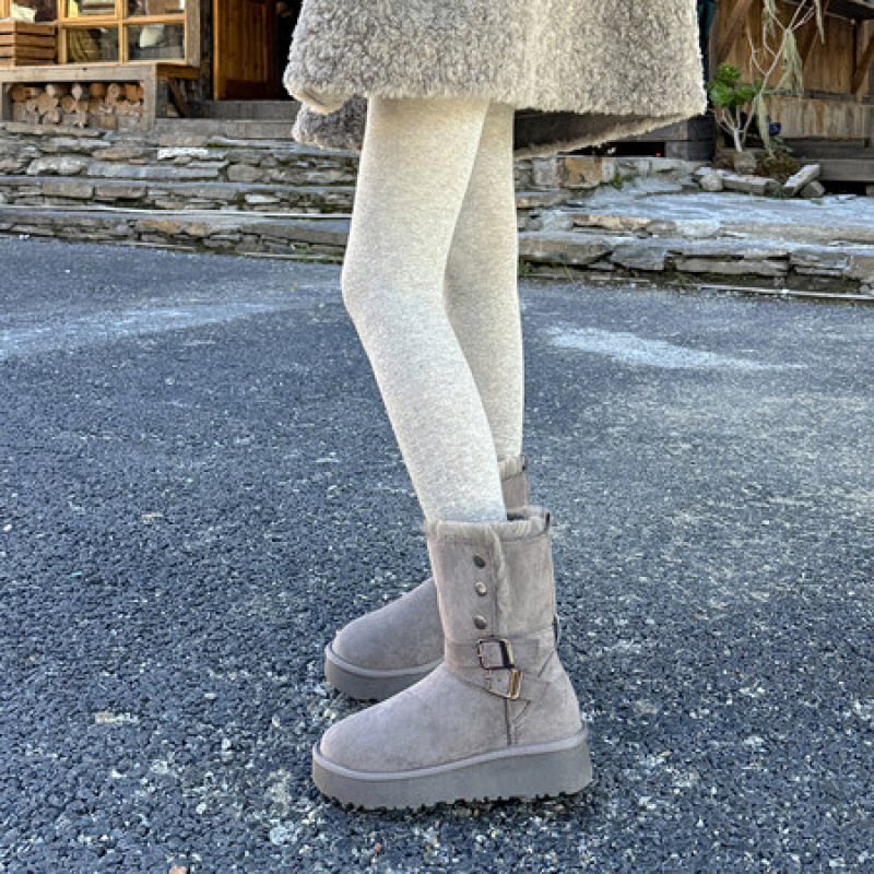 韩版厚底扣带灰色毛毛翻边雪地靴子女2025冬季新款高筒东北大棉鞋