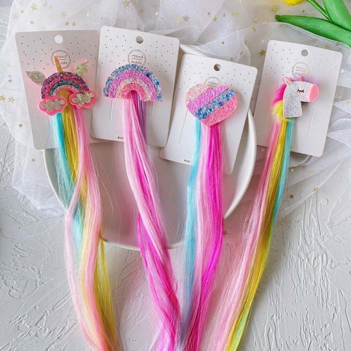 Children's wig accessories rainbow bow unicorn wig braided hair extension straight hair for party gradient color wig