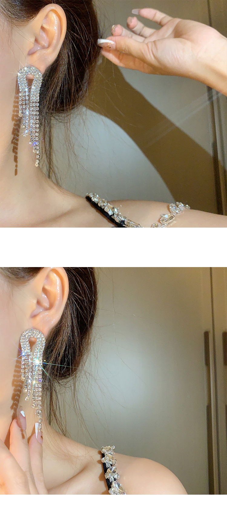 Retro full diamond long tassel earrings for women in Europe and America, exaggerated temperament, earrings, high-end feeling, light luxury earrings_voghion.com