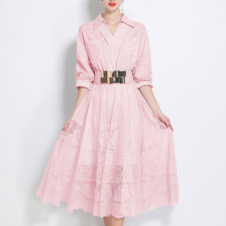 Elegant V-Neck Floral Lace Trim Midi Dress With Flared Hem - A-Line Princess Style For Women Lightweight_ecoleips.com