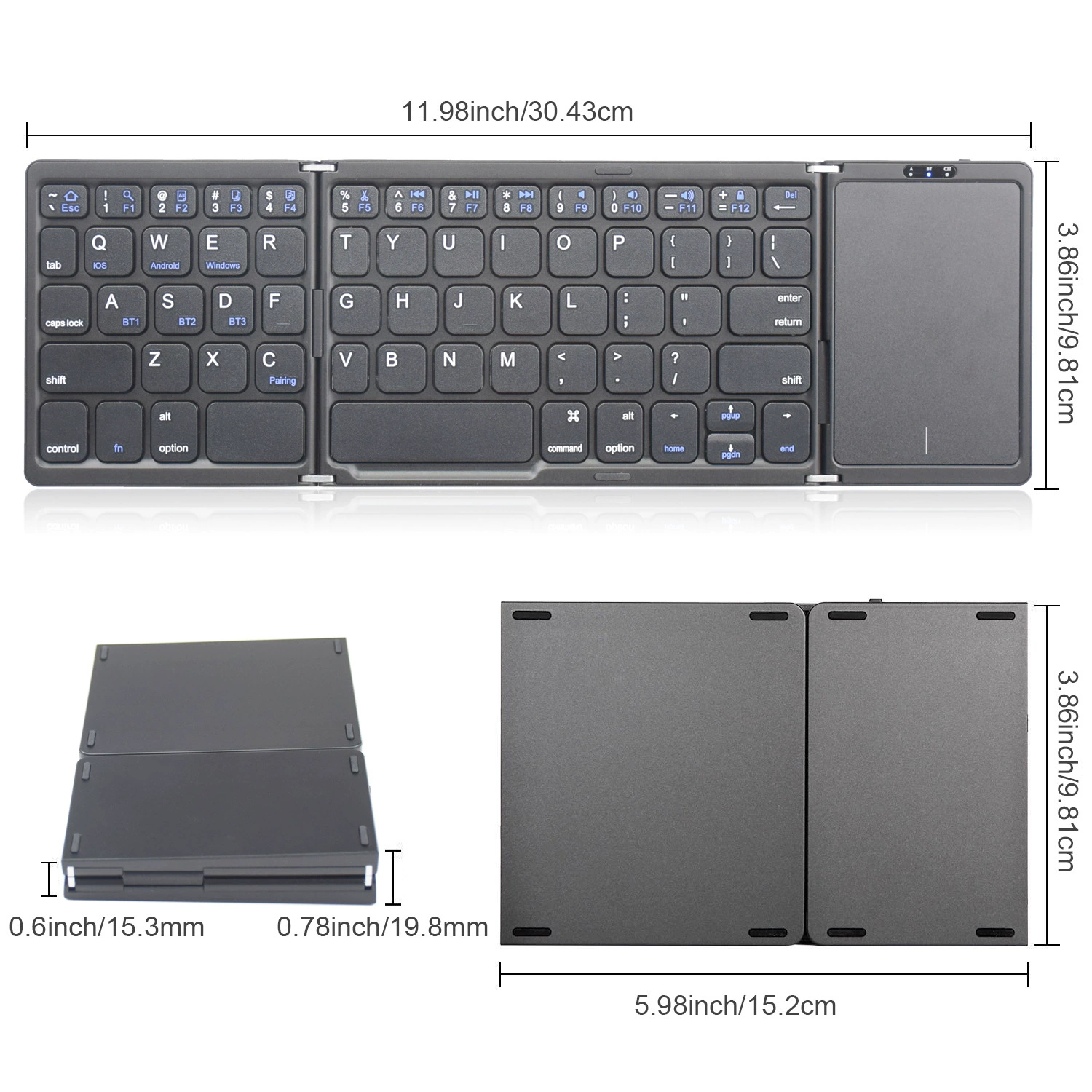 Foldable touch keyboard with integrated touchpad, compatible with Windows/Android/iOS/Mac, compact